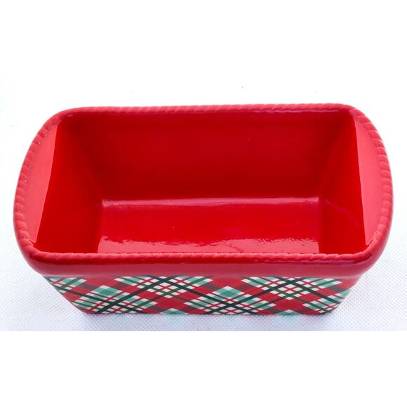 LOAF BAKING DISH-TEMP-TATIONS-Ceramic-Red & Green-Plaid-Holiday Theme-Small - Picture 2 of 8